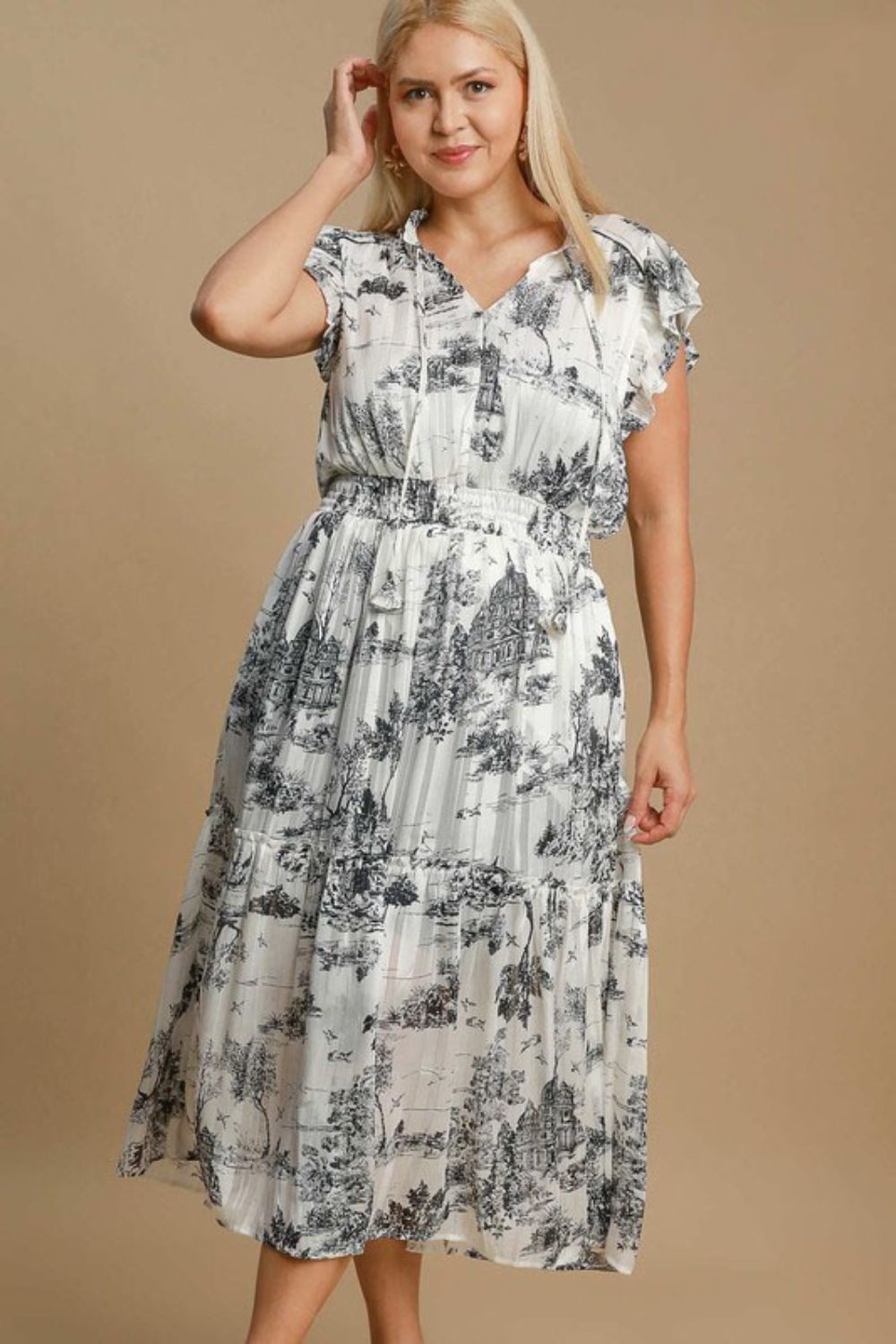 Umgee Full Size Two Tone Landscape Print Midi Dress Plus Size Casual Dresses