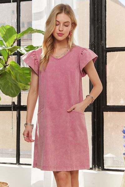 ADORA Mineral Washed V-Neck Ruffled Cap Sleeve Dress Casual Dresses