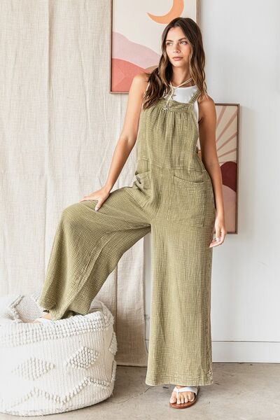 Mittoshop Textured Wide Leg Overalls - Olive Olive Jumpsuits