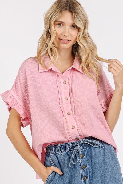 Mittoshop Mineral Washed Button Down Flounce Sleeve Shirt Blush Pink Blouses