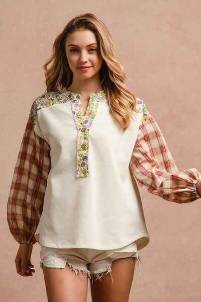 BiBi Floral Notched Plaid Balloon Sleeve Top Blouses