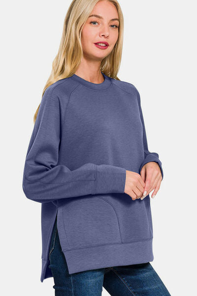 Zenana Scuba Round Neck Side Slit Sweatshirt Hoodies & Sweaters