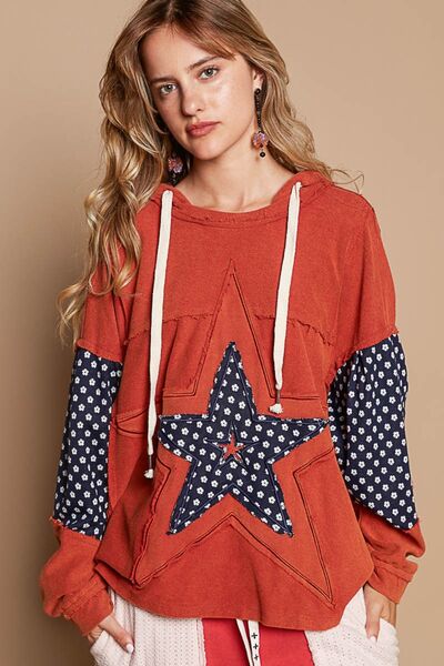 POL Star Patchwork Raw Edge French Terry Hoodie Orange Brick Hoodies & Sweaters