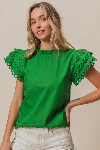 BiBi Solid Woven Circle Trim Ruffle Top - Shop Style & More | Fresh Looks, Everyday Deals & Free Shipping