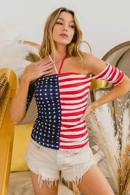 BiBi American Flag Off Shoulder With Front Ruched Top - Shop Style & More | Fresh Looks, Everyday Deals & Free Shipping