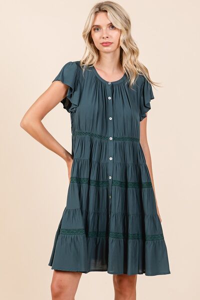 Mittoshop Lace Detail Ruffled Button Down Tiered Dress Deep Teal Casual Dresses