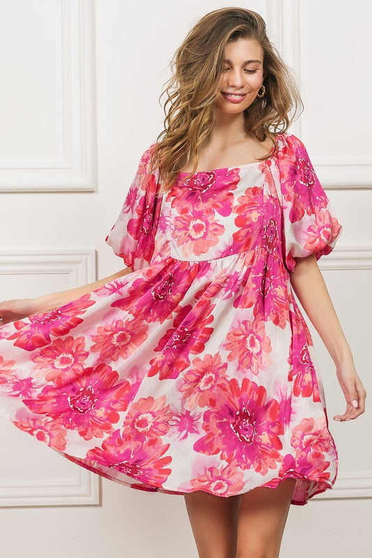 BiBi Floral Square Neck Puff Sleeve Mini Dress Hot Pink Casual Dresses