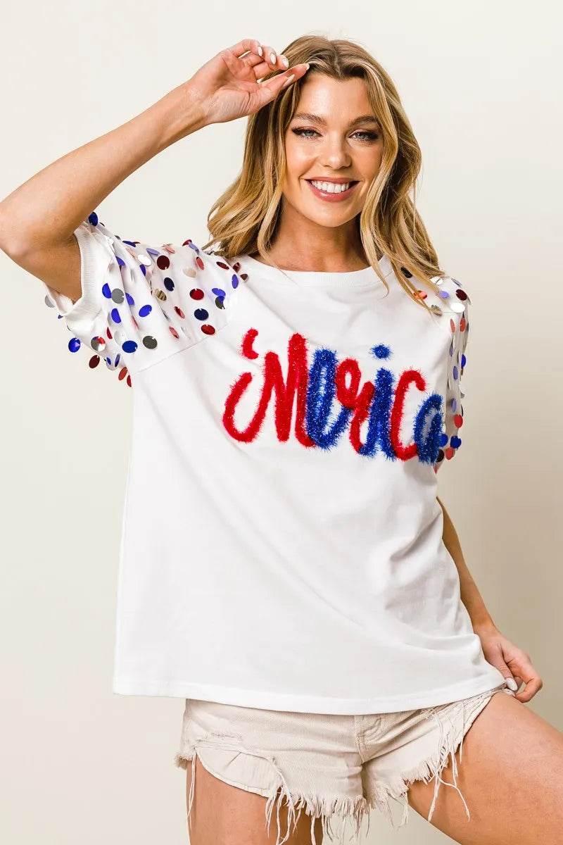 BiBi Metallic Letter Spangle Raglan Puff Sleeve Top - Shop Style & More | Fresh Looks, Everyday Deals & Free Shipping