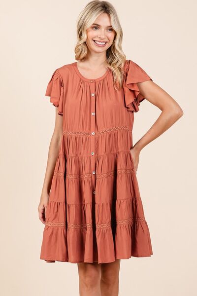 Mittoshop Lace Detail Ruffled Button Down Tiered Dress Casual Dresses