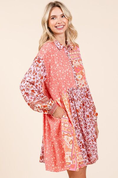 Mittoshop Floral Button Detail Long Sleeve Shirt Dress Casual Dresses