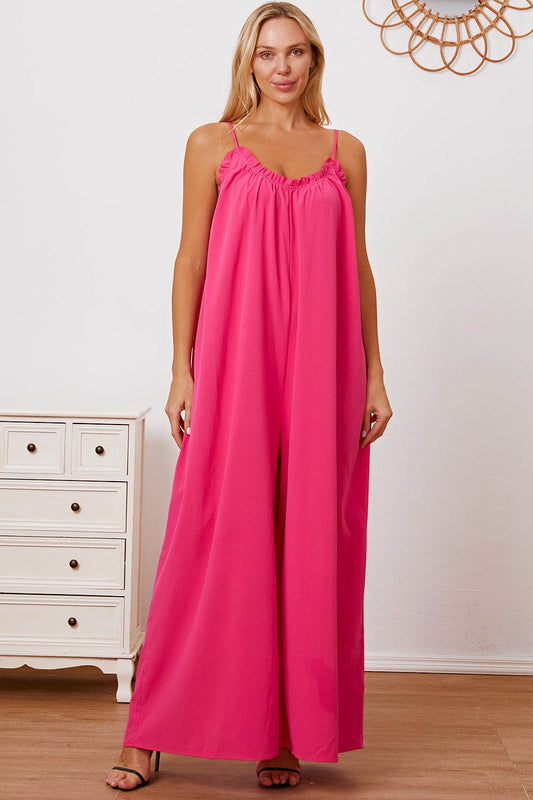 Double Take Full Size Ruffle Trim Tie Back Cami Jumpsuit with Pockets - Shop Style & More | Fresh Looks, Everyday Deals & Free Shipping