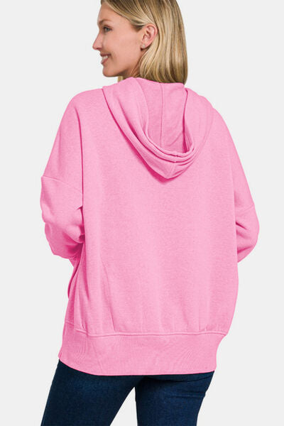 Zenana Half Snap Long Sleeve Hoodie with Kangaroo Pocket Hoodies & Sweaters