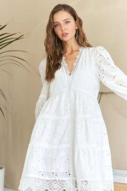 ADORA Lace Detail Tiered Eyelet V-Neck Babydoll Dress White Casual Dresses