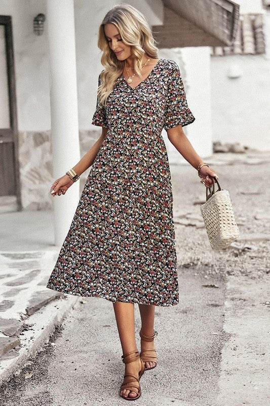 Boho Floral Ruffle Hem V Neck Short Sleeve Dress - Shop Style & More | Fresh Looks, Everyday Deals & Free Shipping