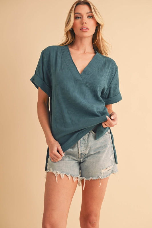 Aemi + Co Side Slit V-Neck Short Sleeve Blouse - Shop Style & More | Fresh Looks, Everyday Deals & Free Shipping