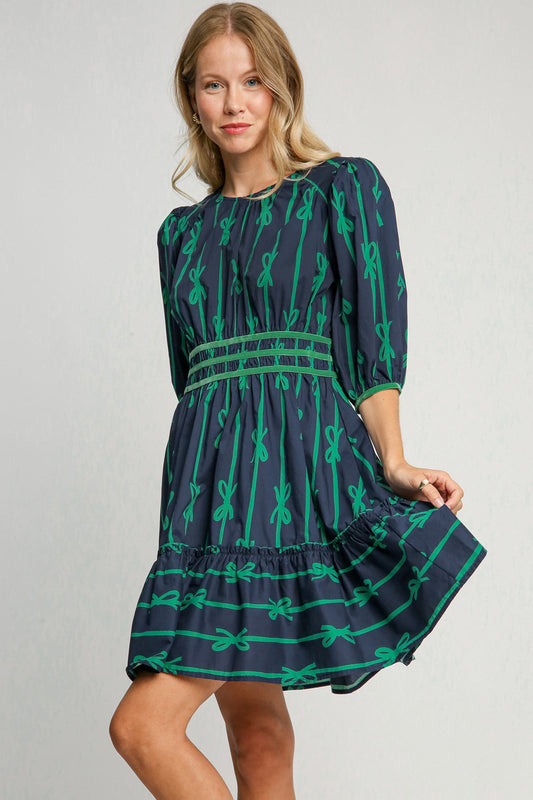 Umgee Ribbon Print Frill Contrast Velvet Trim Half Sleeve Dress Navy Casual Dresses