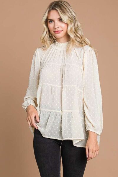 Culture Code Swiss Dot Smocked Blouse - Full Size Mock Neck Top IVORY CREAM Blouses