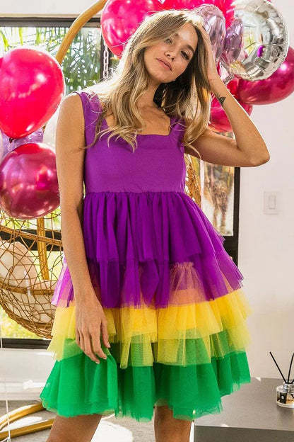 BiBi Mardi Gras Color Block Layered Mesh Tiered Dress - Shop Style & More | Fresh Looks, Everyday Deals & Free Shipping