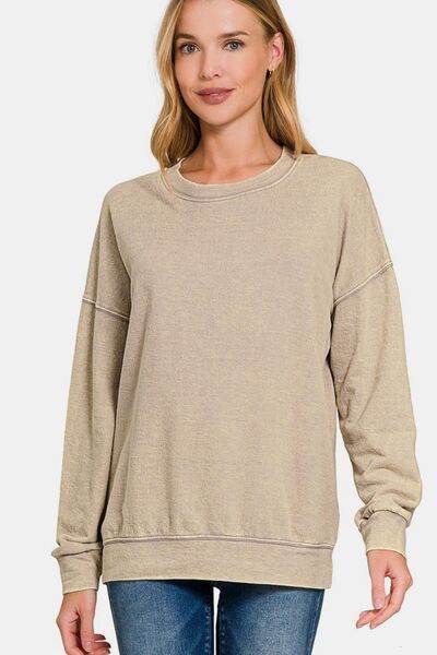 Zenana Washed Round Neck Dropped Shoulder Sweatshirt - Shop Style & More | Fresh Looks, Everyday Deals & Free Shipping