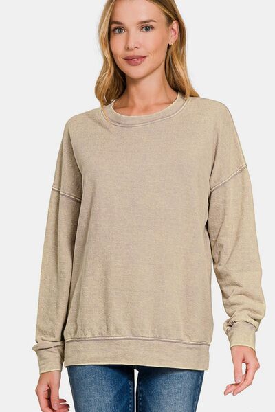 Zenana Washed Round Neck Dropped Shoulder Sweatshirt Khaki Hoodies & Sweaters