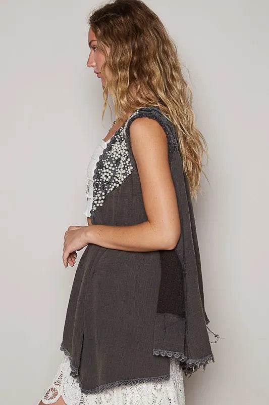 POL Embroidered Pearls Open Front Sleeveless Cardigan - Shop Style & More | Fresh Looks, Everyday Deals & Free Shipping