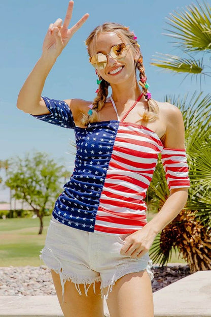BiBi American Flag Off Shoulder With Front Ruched Top - Shop Style & More | Fresh Looks, Everyday Deals & Free Shipping
