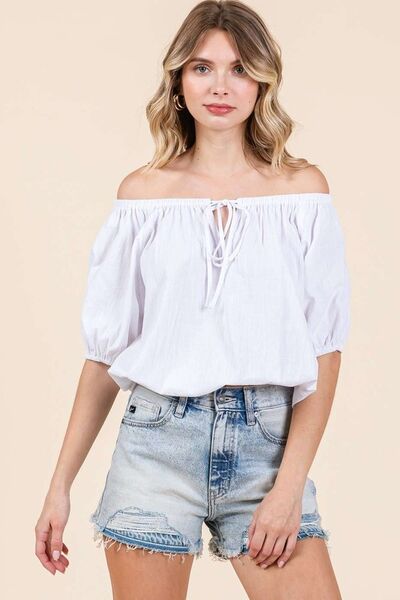 Mittoshop Linen Two-Way Short Sleeve Crop Blouse Blouses