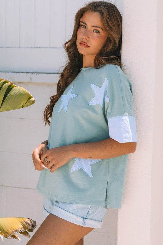 Etta Frayed Denim Star Patched Oversize Top - Shop Style & More | Fresh Looks, Everyday Deals & Free Shipping