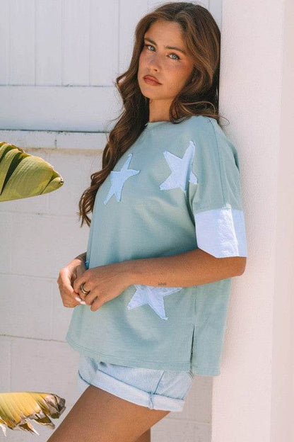 Etta Frayed Denim Star Patched Oversize Top - Shop Style & More | Fresh Looks, Everyday Deals & Free Shipping