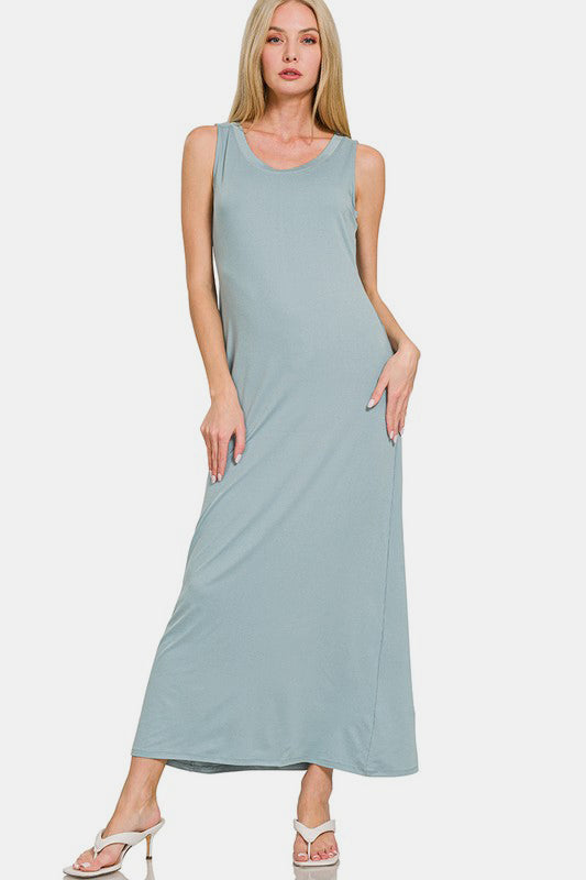 Zenana Scoop Neck Wide Strap Tank Dress Air Force Blue Casual Dresses