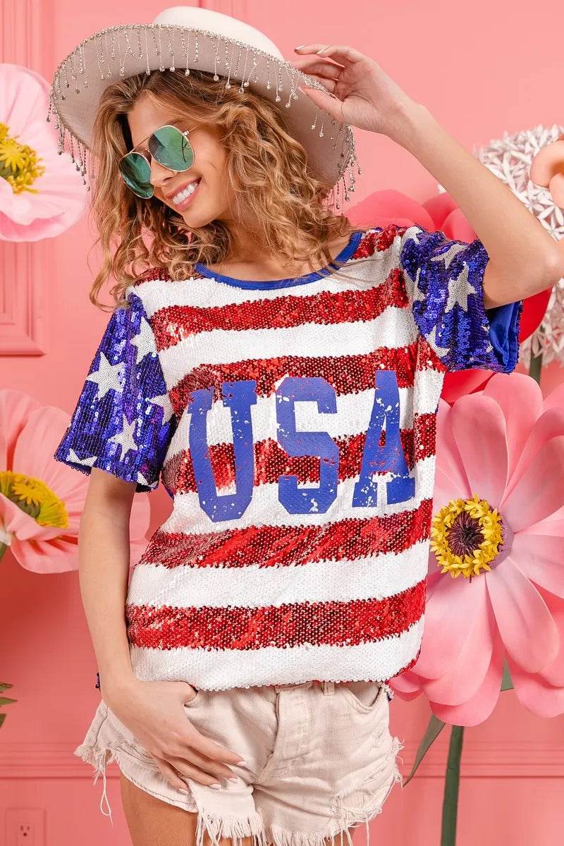 BiBi American Flag Theme USA Lettering Sequin Top - Shop Style & More | Fresh Looks, Everyday Deals & Free Shipping
