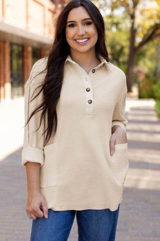Arianna Waffle Half Button Top - Shop Style & More | Fresh Looks, Everyday Deals & Free Shipping