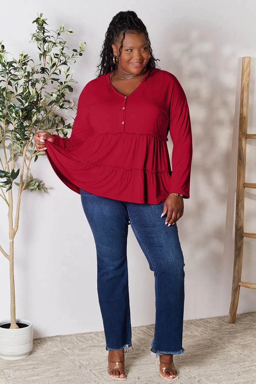Double Take Half Button Long Sleeve Ruffle Hem Blouse - Shop Style & More | Fresh Looks, Everyday Deals & Free Shipping
