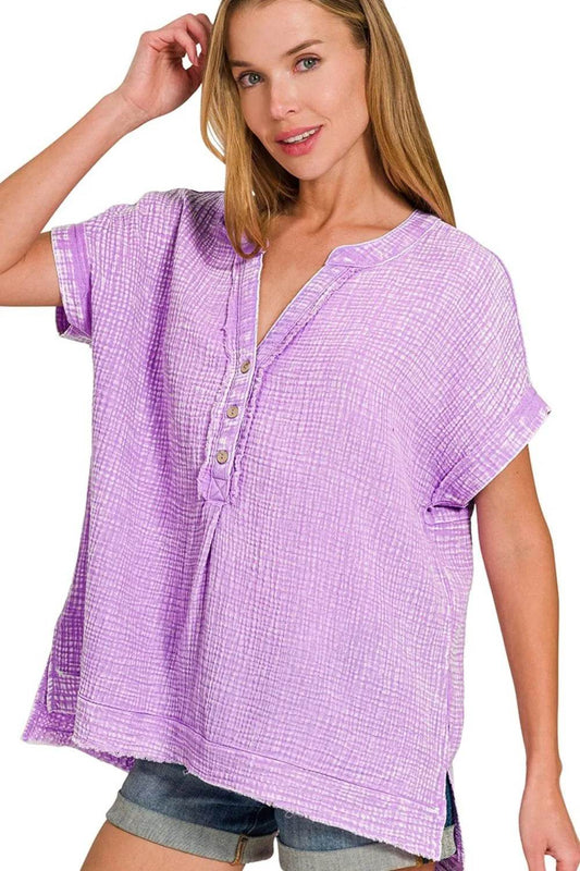 Zenana Washed Double Gauze 3/4 Button Henley Neck Shirt - Shop Style & More | Fresh Looks, Everyday Deals & Free Shipping