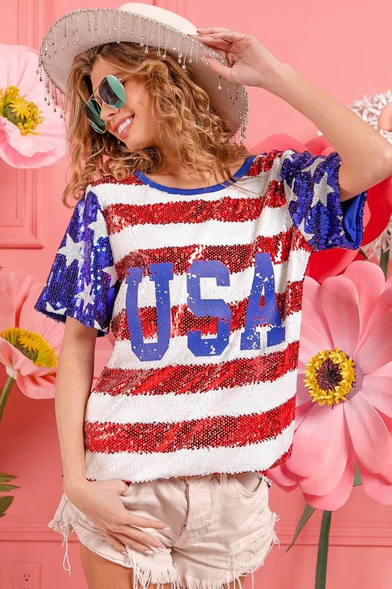 BiBi American Flag Theme USA Lettering Sequin Top - Shop Style & More | Fresh Looks, Everyday Deals & Free Shipping