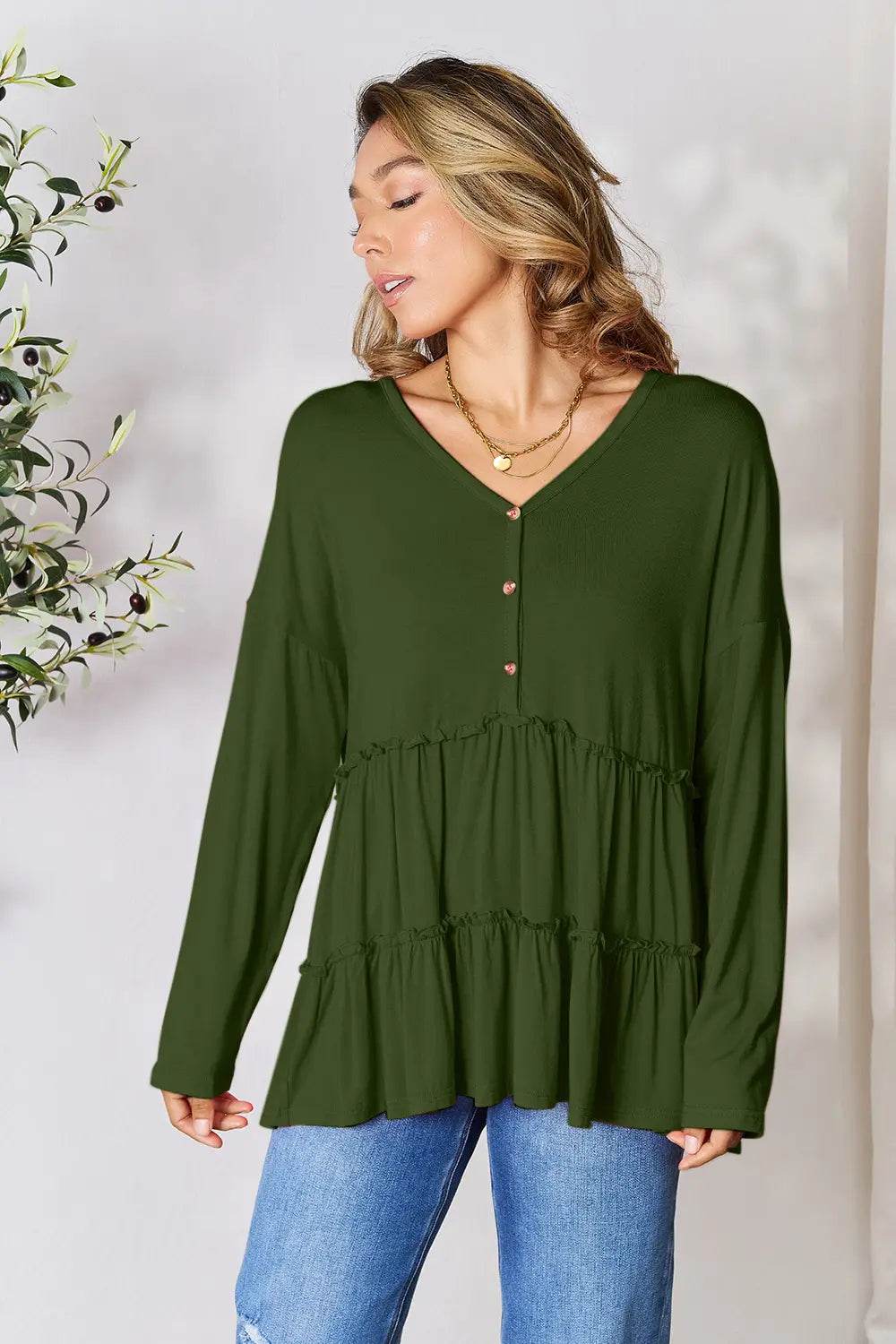Double Take Half Button Long Sleeve Ruffle Hem Blouse - Shop Style & More | Fresh Looks, Everyday Deals & Free Shipping