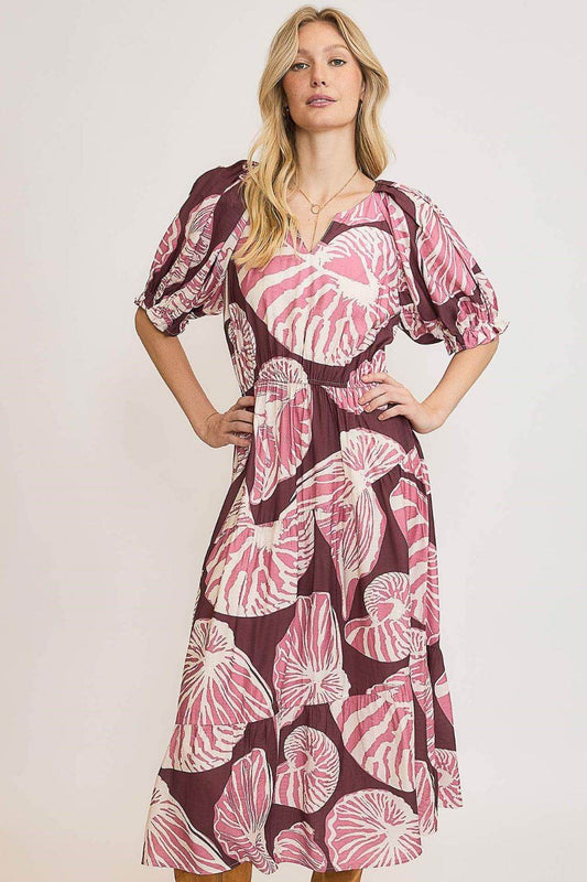Umgee Full Size Printed Notched Puff Sleeve Midi Dress Plus Size - Shop Style & More | Fresh Looks, Everyday Deals & Free Shipping