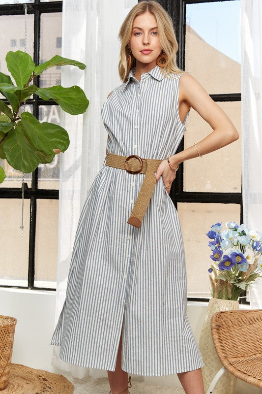 ADORA Striped Button Down Sleeveless Midi Dress Air Force Blue Casual Dresses