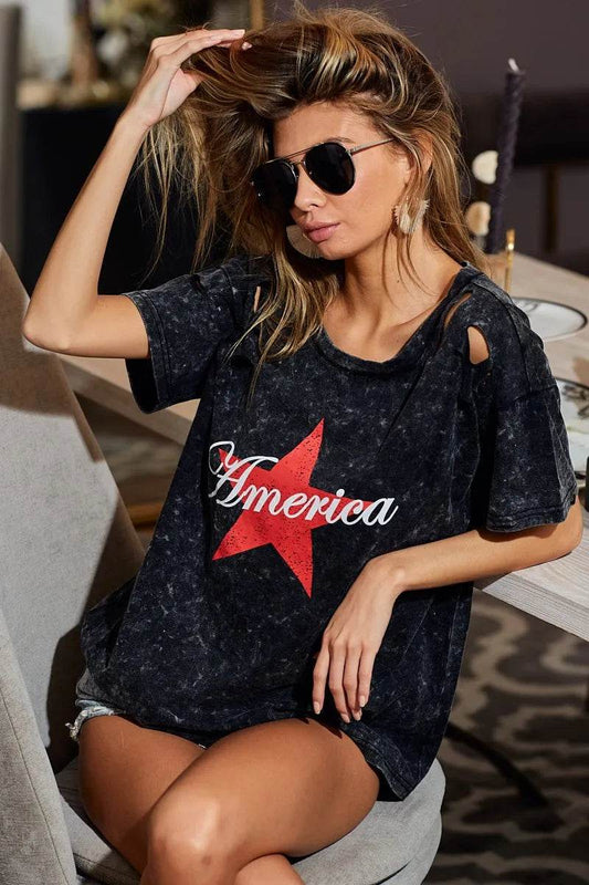 BiBi Laser Cut Mineral Washed Jersey Top with America - Shop Style & More | Fresh Looks, Everyday Deals & Free Shipping