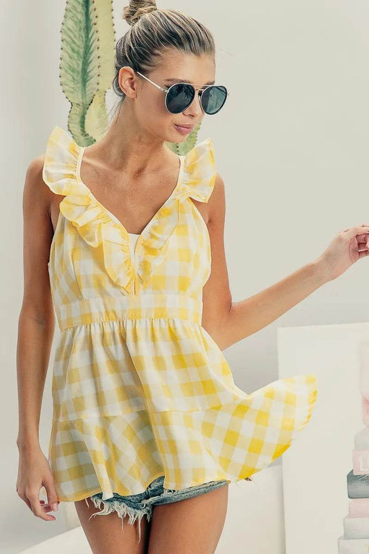 BiBi Ruffled Neckline Sleeveless Check Plaid Peplum Top - Shop Style & More | Fresh Looks, Everyday Deals & Free Shipping