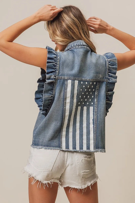 BiBi American Flag Washed Denim Jacket Women's Outerwear