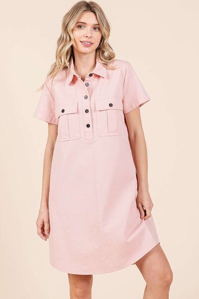 Mittoshop Button Detail Collared Neck Short Sleeve Shirt Dress Casual Dresses