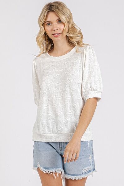 Mittoshop Fan Shell Texture Short Puff Sleeve Knit Top White Blouses