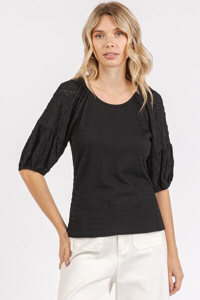 Mittoshop Mixed Media Textured Knit Popcorn Puff Sleeve Blouse Blouses