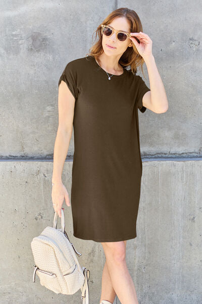 Basic Bae Full Size Round Neck Short Sleeve Dress with Pockets Mocha Casual Dresses