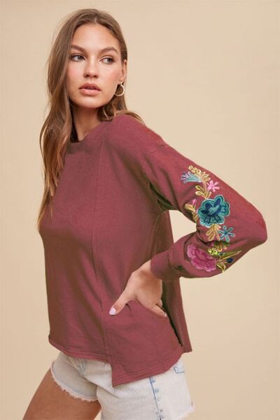 Annie Wear Embroidered Long Sleeve French Terry Top Burgundy Hoodies & Sweaters