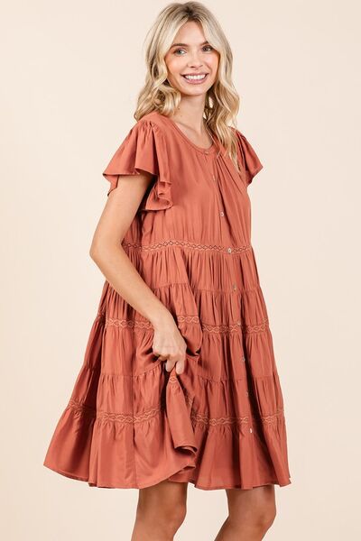 Mittoshop Lace Detail Ruffled Button Down Tiered Dress Casual Dresses