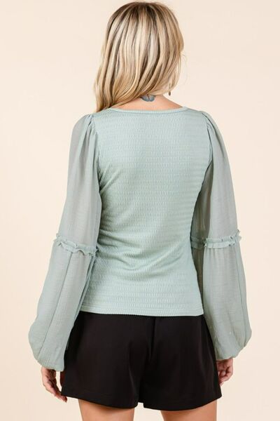 Mittoshop Mixed Media Textured Knit Chiffon Long Sleeve Top Blouses