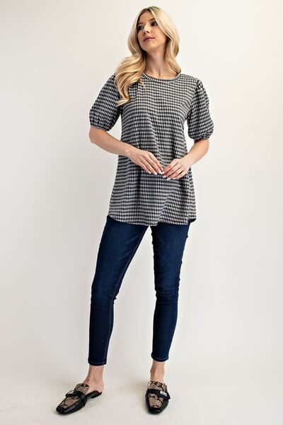 Celeste Full Size Gingham Print Top With Puff Sleeves Plus Size Blouses