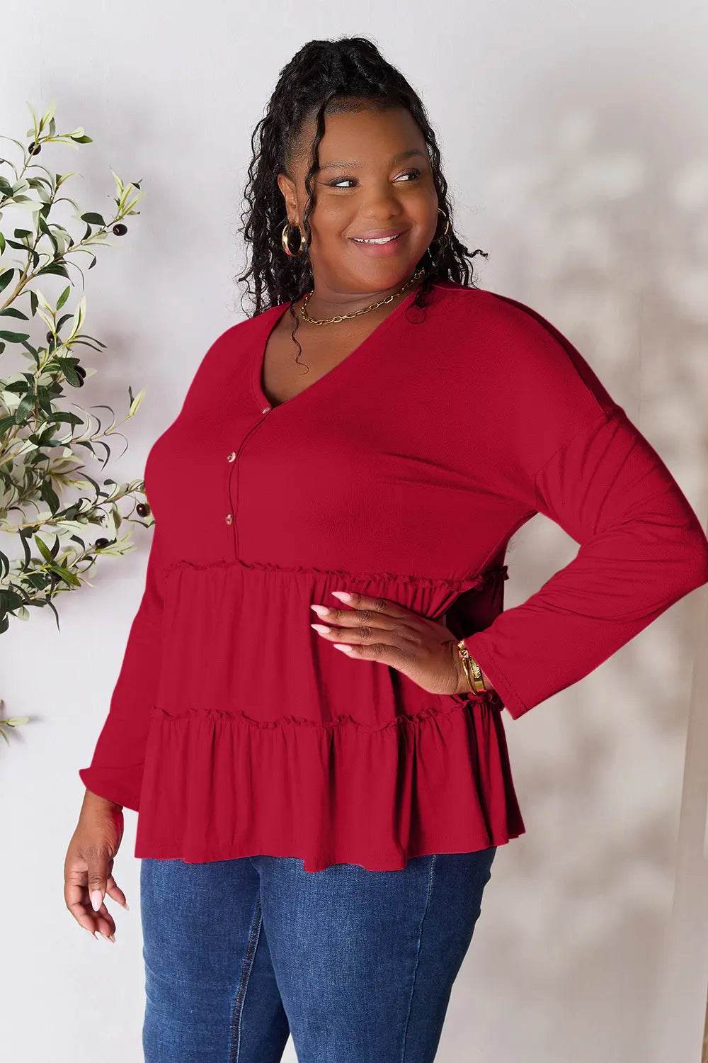 Double Take Half Button Long Sleeve Ruffle Hem Blouse - Shop Style & More | Fresh Looks, Everyday Deals & Free Shipping